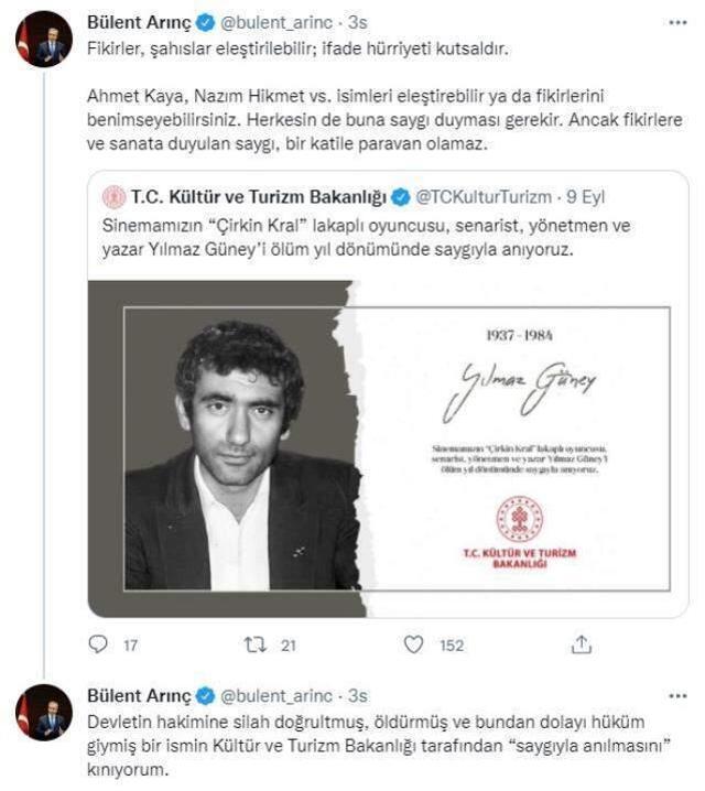 Bülent Arınç'tan Kültür ve Turizm Bakanlığı'nın Yılmaz Güney'i anmasına sert tepki: Kınıyorum
