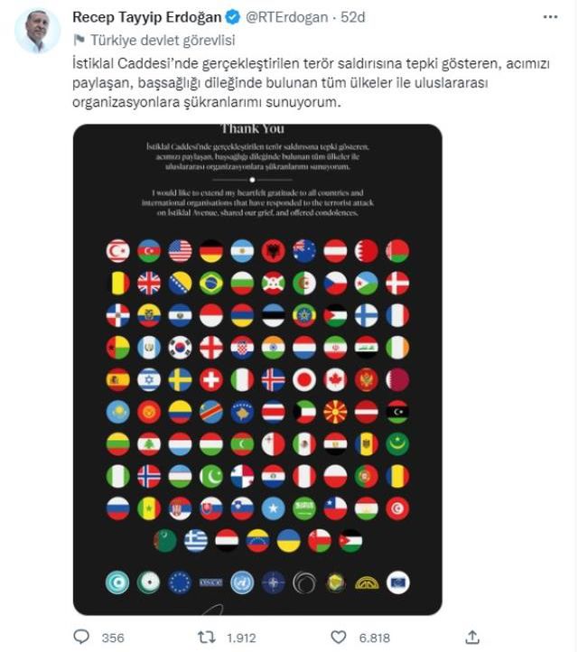 İstiklal Caddesi'ndeki patlama sonrası 97 ülke taziye mesajı yayımladı! Erdoğan, sosyal medyadan teşekkür etti