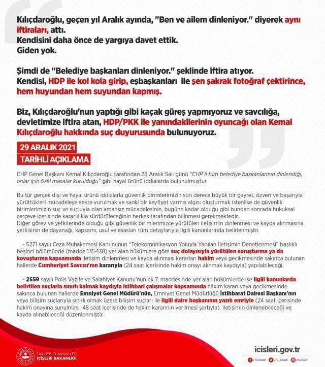 Bakan Soylu bizzat paylaştı! Kılıçdaroğlu'nun 'Belediye başkanlarım dinleniyor' iddiasına suç duyurusu