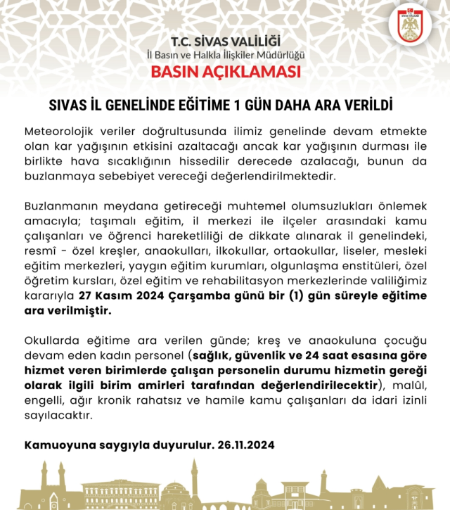 Sivas okullar tatil mi? SON DAKİKA 27 Kasım Çarşamba Sivas'ta okul yok mu (Sivas Valiliği Açıklaması)?