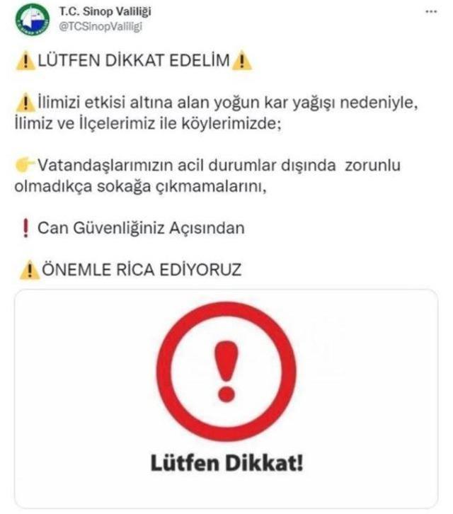 Yoğun kar yağışının beklendiği Sinop'ta valilikten vatandaşlara 'Sokağa çıkmayın' uyarısı