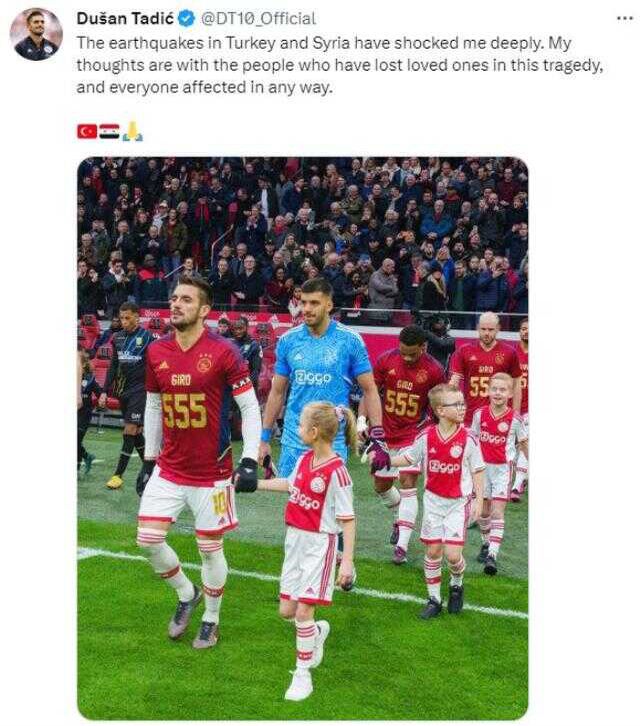 Türkiye'deki depremler sonrası taktığı bant tepki çeken Ajax'ın yıldızı Tadic'ten paylaşım: Beni derinden sarstı