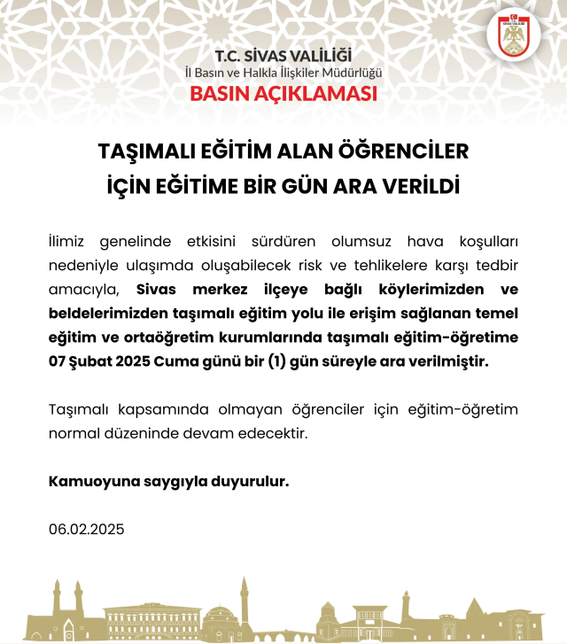 Sivas okullar tatil mi SON DAKİKA? 7 Şubat Cuma Sivas okul yok mu (Sivas Valiliği KAR TATİLİ AÇIKLAMASI)?
