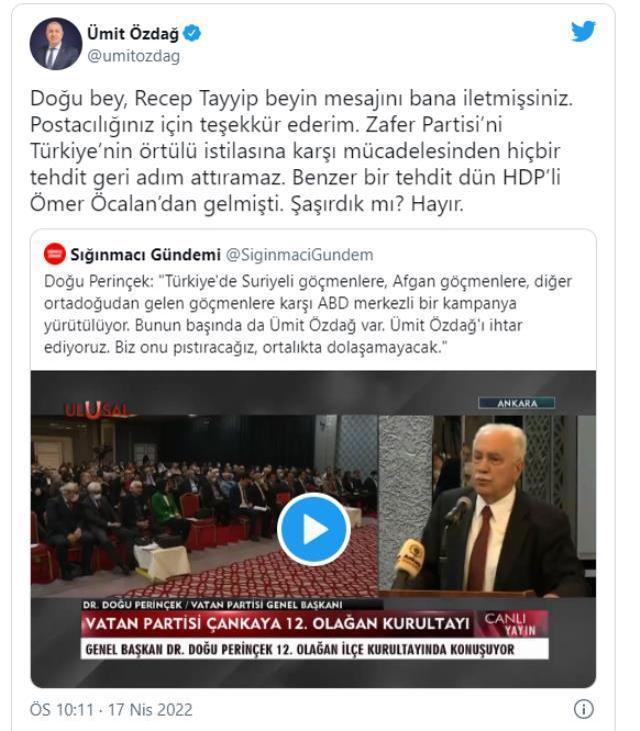 Perinçek'in 'Bugün başlıyoruz, seslerini keseceğiz' sözleriyle tehdit ettiği Özdağ'dan yanıt gecikmedi