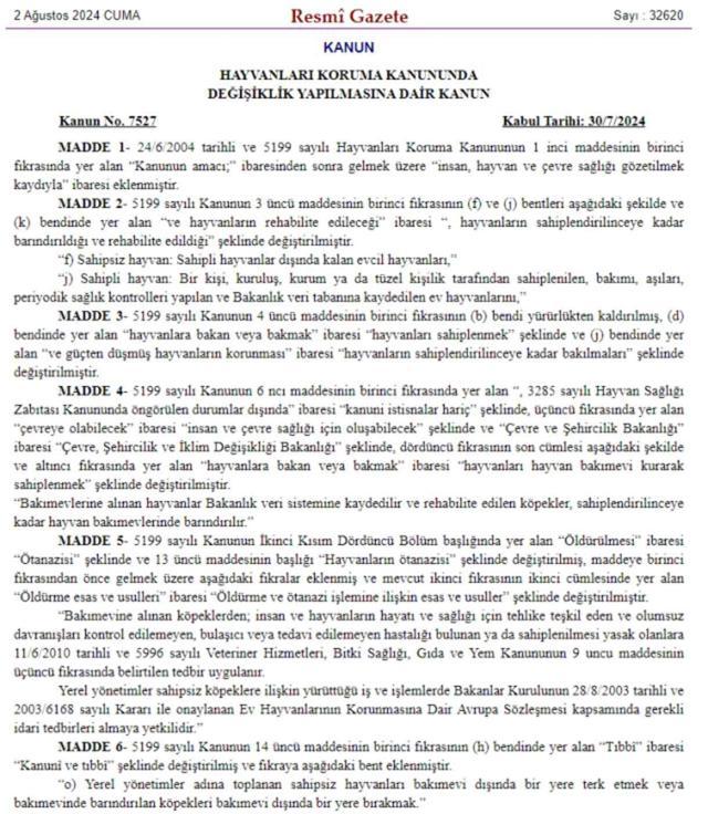 Sahipsiz köpeklere yönelik düzenlemeleri de içeren kanun, Resmi Gazete'de yayımlanarak yürürlüğe girdi