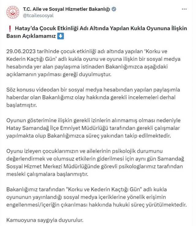 Aile ve Sosyal Hizmetler Bakanlığı, 'Korku ve Kederin Kaçtığı Gün' adlı kukla oyunuyla ilgili harekete geçti