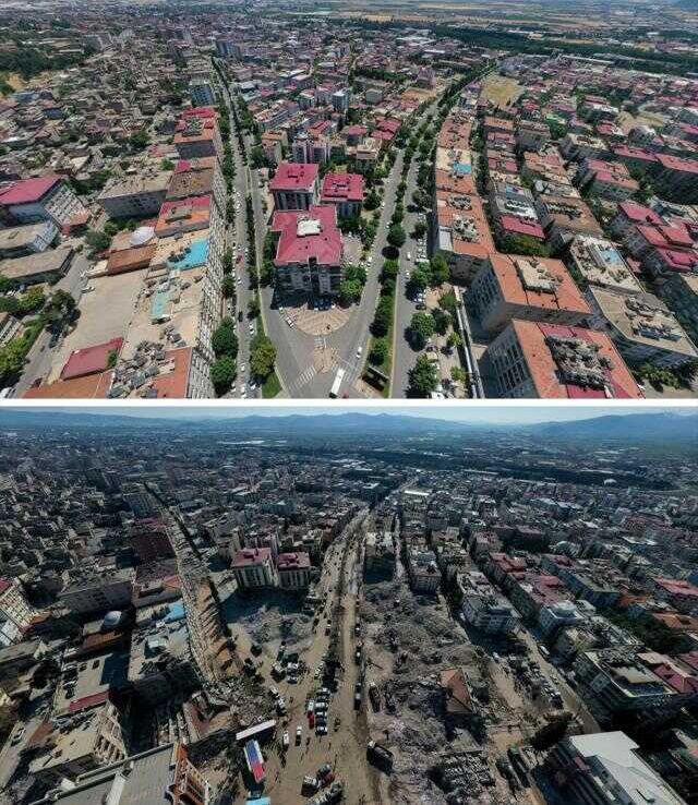 Kahramanmaraş'ta deprem öncesi ve sonrası çekilen fotoğraflar kentteki yıkımı ortaya koyuyor