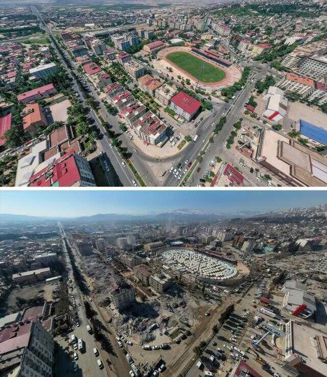 Kahramanmaraş'ta deprem öncesi ve sonrası çekilen fotoğraflar kentteki yıkımı ortaya koyuyor
