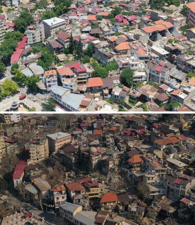 Kahramanmaraş'ta deprem öncesi ve sonrası çekilen fotoğraflar kentteki yıkımı ortaya koyuyor