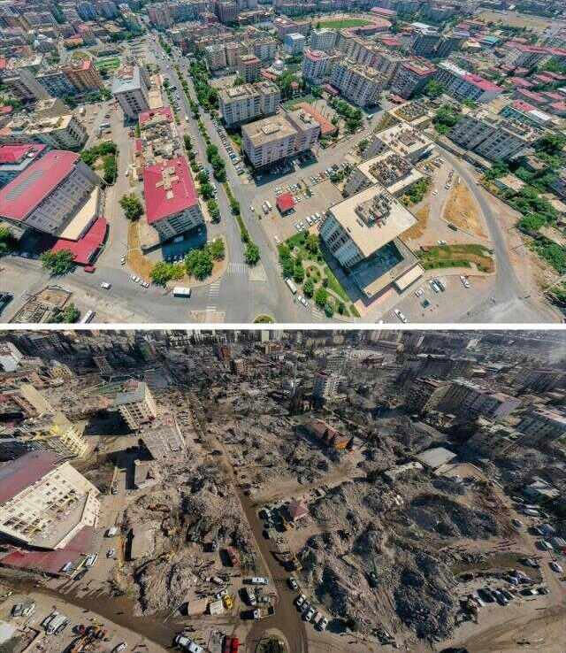 Kahramanmaraş'ta deprem öncesi ve sonrası çekilen fotoğraflar kentteki yıkımı ortaya koyuyor