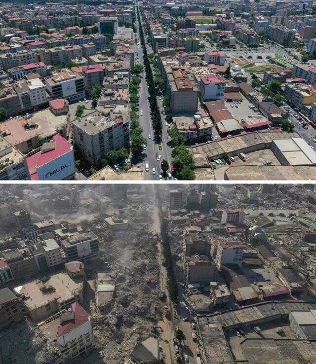 Kahramanmaraş'ta deprem öncesi ve sonrası çekilen fotoğraflar kentteki yıkımı ortaya koyuyor