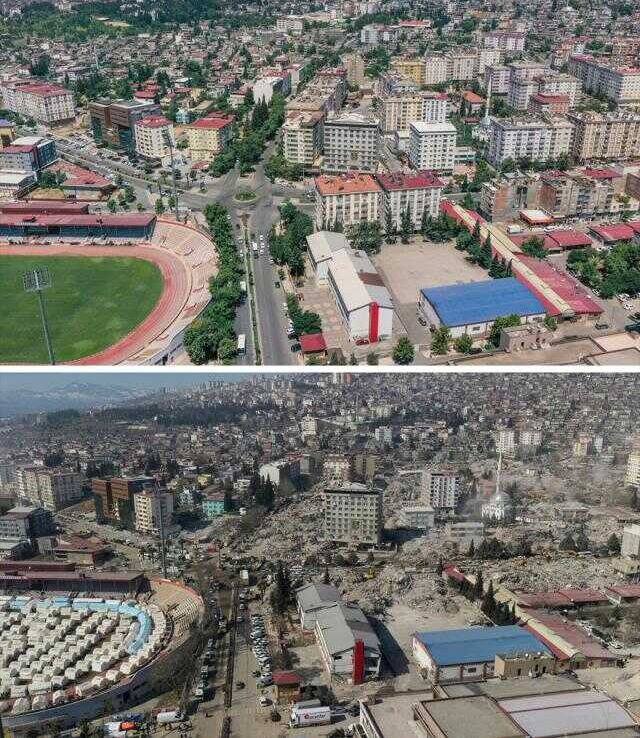 Kahramanmaraş'ta deprem öncesi ve sonrası çekilen fotoğraflar kentteki yıkımı ortaya koyuyor