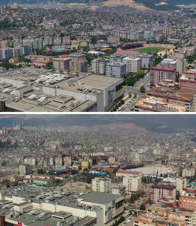 Kahramanmaraş'ta deprem öncesi ve sonrası çekilen fotoğraflar kentteki yıkımı ortaya koyuyor