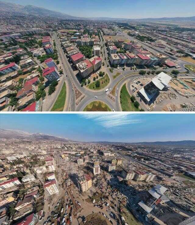 Kahramanmaraş'ta deprem öncesi ve sonrası çekilen fotoğraflar kentteki yıkımı ortaya koyuyor