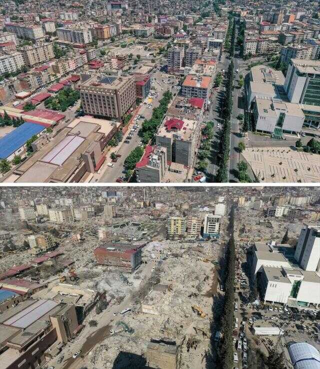 Kahramanmaraş'ta deprem öncesi ve sonrası çekilen fotoğraflar kentteki yıkımı ortaya koyuyor