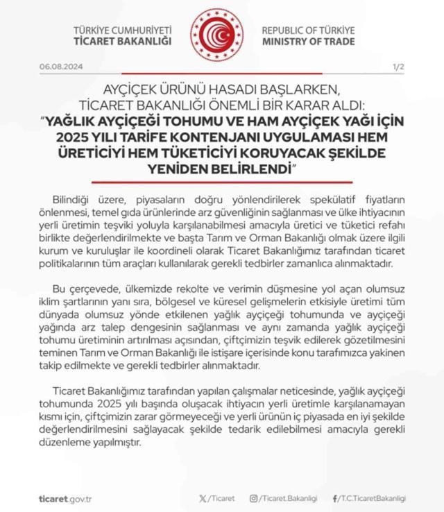 Bakanlık, ayçiçek yağı için yeni düzenleme yaptı