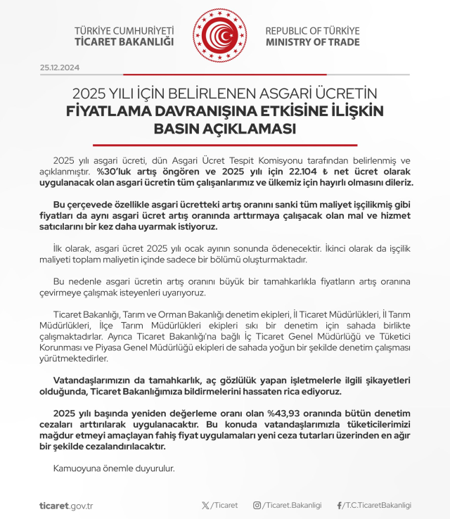 Asgari ücret artışı sonrası Ticaret Bakanlığı'ndan uyarı