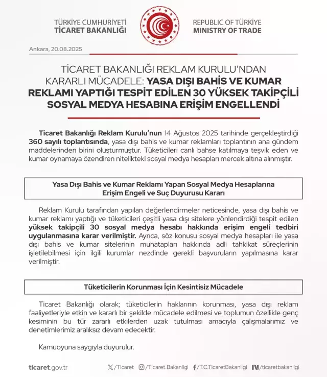 Yasa dışı bahis reklamı yapan 30 sosyal medya hesabına erişim engellendi