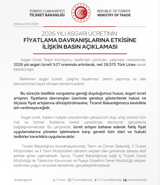 Ticaret Bakanlığı'ndan yeni asgari ücret sonrası zam uyarısı