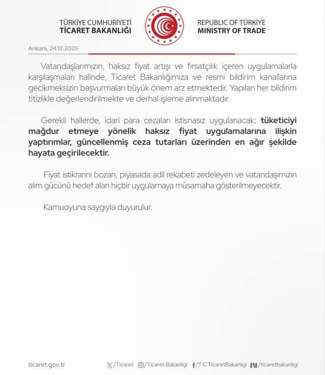 Ticaret Bakanlığı'ndan yeni asgari ücret sonrası zam uyarısı