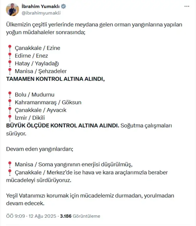 Bakan Yumaklı: Dört bölgede yangın kontrol altında