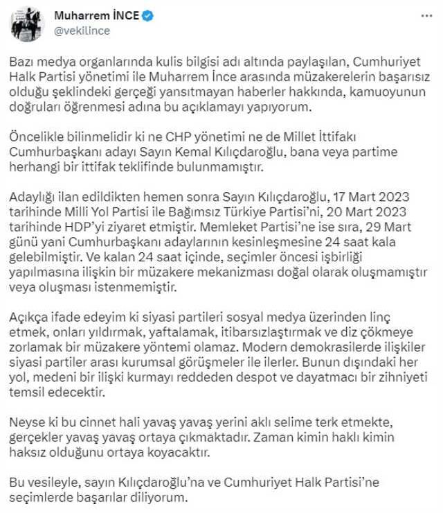 'Bize sıra son gün geldi' diyerek sitem eden Muharrem İnce, CHP'ye kapıları kapattı