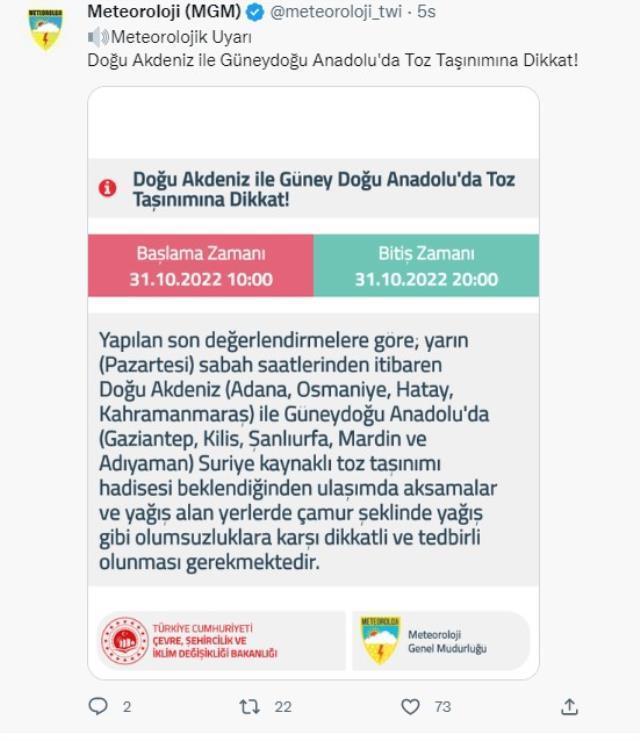 Meteorolojiden Doğu Akdeniz ve Güneydoğu Anadolu için toz taşınımı uyarısı