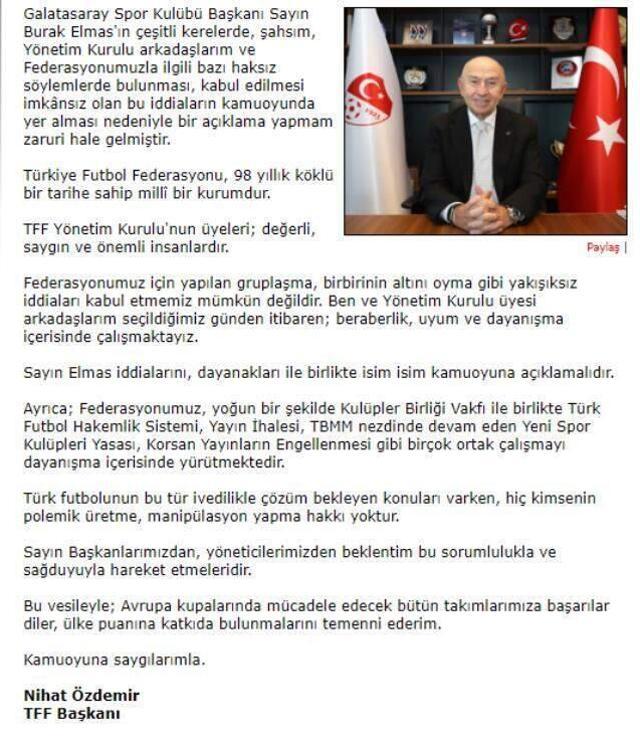 Son Dakika: TFF Başkanı Nihat Özdemir, Burak Elmas'a kılıç çekti: İddialarınızı ispatlayın