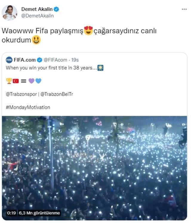 FIFA, Trabzonspor'un şampiyonluk kutlamasını paylaşınca Demet Akalın'dan yorum gecikmedi