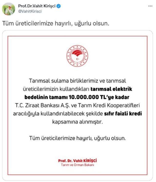 Bakan Kirişci: Tarımsal elektrik bedeli sıfır faizli kredi kapsamına alındı
