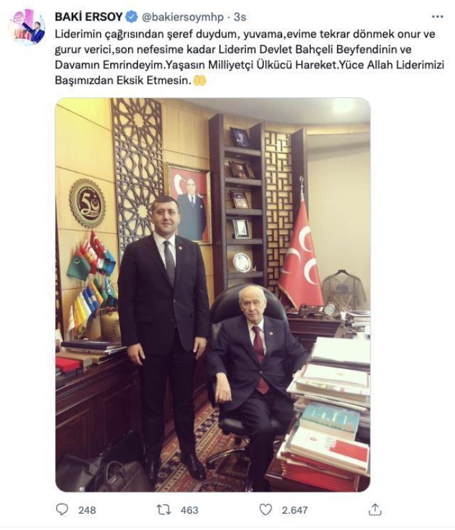 MHP'den istifa eden Baki Ersoy, Bahçeli'nin yeniden davetine cevap verdi: Şeref duydum