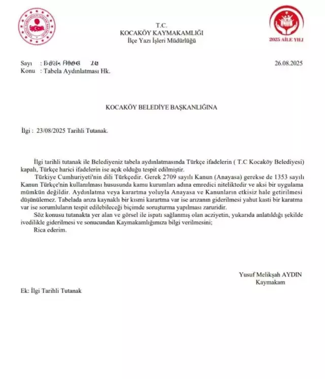 Belediyeye kaymakamdan uyarı yazısı