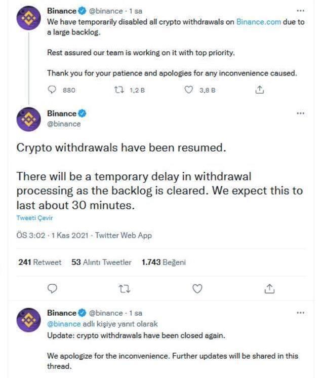 Binance tüm para çekme işlemlerini ikinci kez askıya aldı