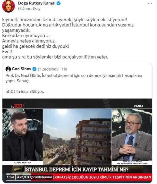 Doğa Rutkay'dan 'İstanbul'da 500 bin insan ölümle burun buruna' diyen Naci Görür'e tepki: Artık yeter