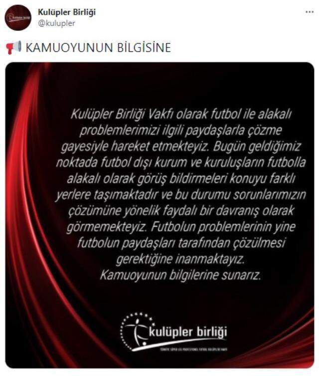Kulüpler Birliği: Futbolun problemlerinin yine futbolun paydaşları tarafından çözülmesi gerektiğine inanmaktayız