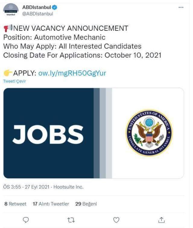 ABD İstanbul Başkonsolosluğu, 11 bin dolar maaşla otomobil tamircisi arıyor