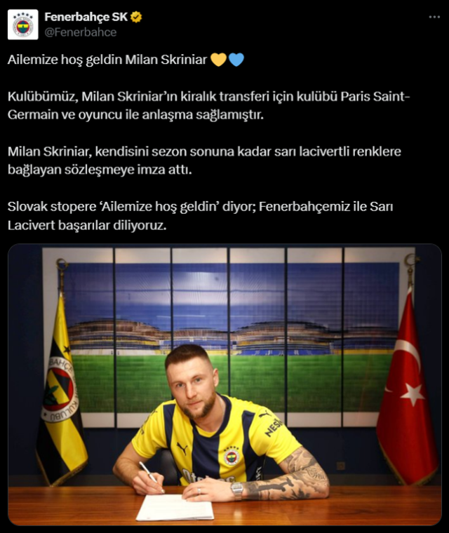 Süper Lig devlerinden Fenerbahçe, transferde önemli bir adım atarak Fransız devi Paris Saint-Germain’den Slovak stopper Milan Skriniar’ı kiralık olarak kadrosuna katmaya hazırlanıyor.