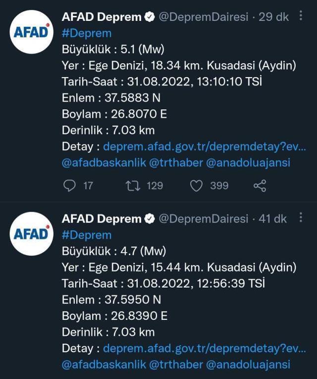 Son Dakika! Ege Denizi'nde 15 dakika arayla iki deprem! Kuşadası açıkları 4.7 ve 5.1 ile sallandı