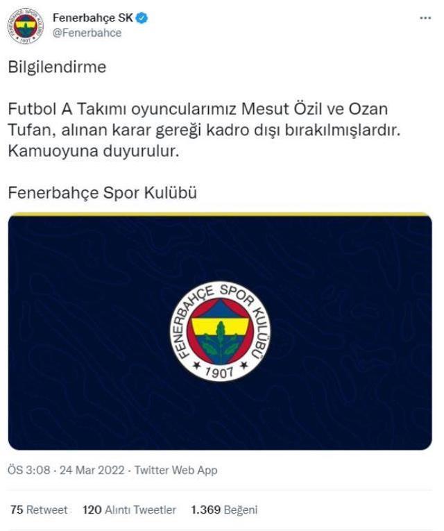 Fenerbahçe'de Mesut Özil ve Ozan Tufan kadro dışı bırakıldı