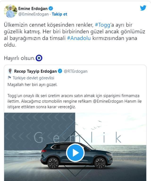 Cumhurbaşkanı Erdoğan kararı ''eşimle istişare edeceğiz'' demişti! Emine Erdoğan'dan TOGG için renk paylaşımı