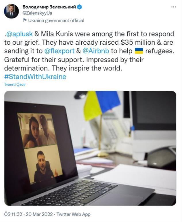 Kutcher ve eşi Kunis çiftine yardımları için Zelenskiy'den teşekkür mesajı!