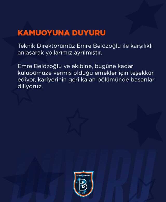 Son Dakika: Başakşehir, teknik direktör Emre Belözoğlu ile yollarını ayırdı.