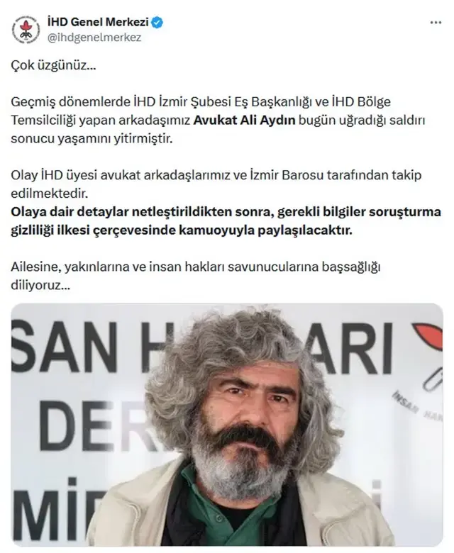 Eski İHD İzmir Şube Eş Başkanı Ali Aydın, başına taşla vurularak öldürüldü