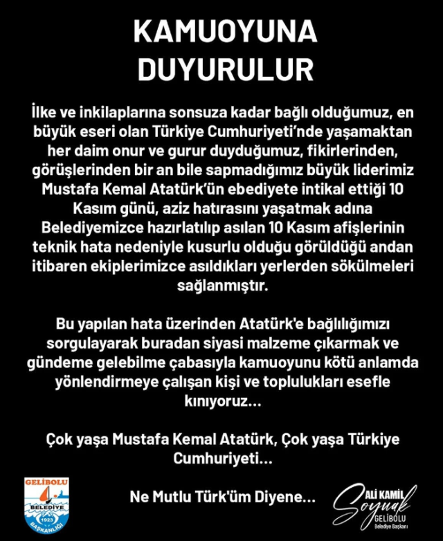 10 Kasım afişleriyle tepki çeken Gelibolu Belediyesi'nden açıklama geldi