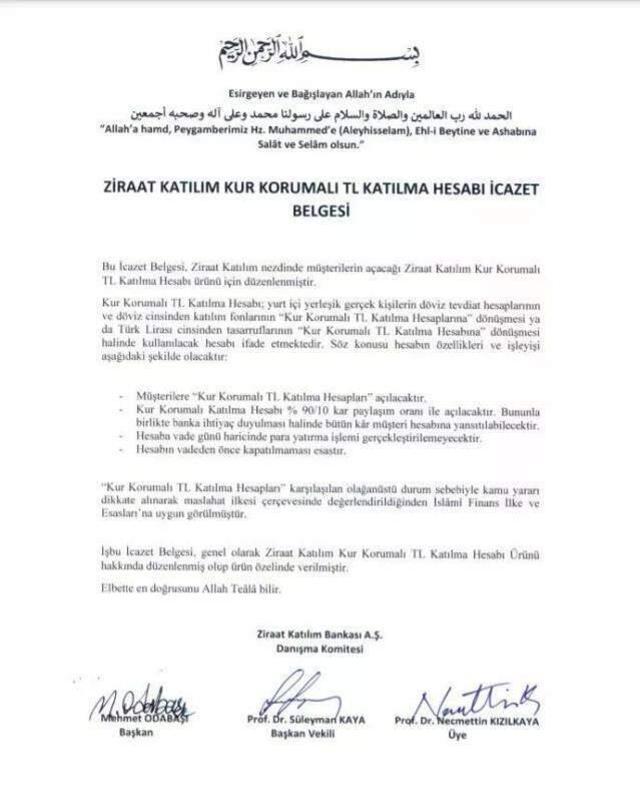 Ziraat Katılım, kur korumalı hesaplar için ilahiyatçılardan icazet istedi! İmzalı 'İcazet Belgesi'!