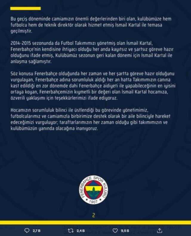 Son Dakika! Fenerbahçe'nin yeni teknik direktörü İsmail Kartal oldu