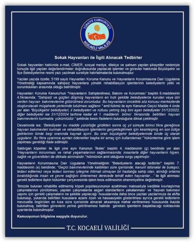 Kocaeli Valiliği, belediyelere yazı gönderdi: Çevreye zararı önlenemeyen başıboş köpekler öldürülsün