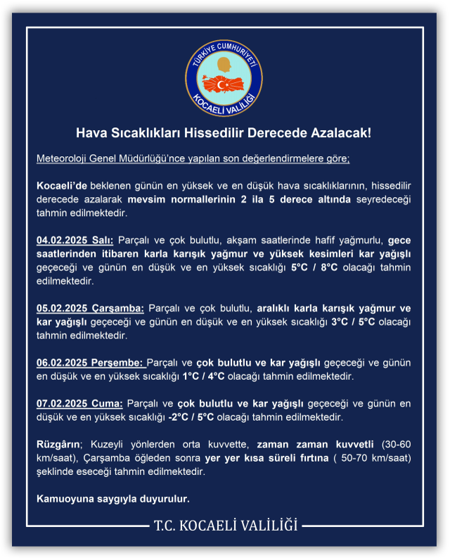 Kocaeli okullar tatil mi SON DAKİKA? 5 Şubat Çarşamba Kocaeli'de okul yok mu (Kocaeli Valiliği Açıklaması – KAR TATİLİ)?