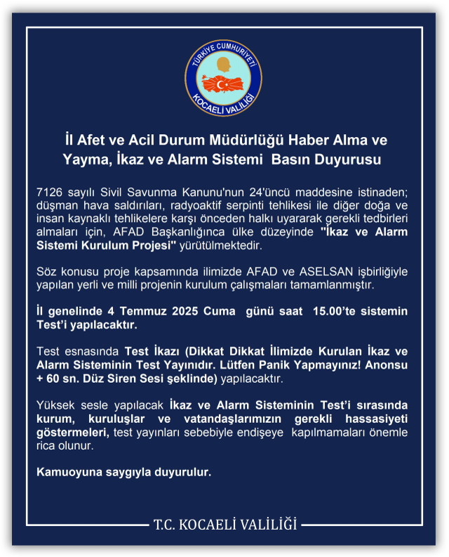 Valilik uyardı! Saat 15.00'te sirenler çalacak. Valilikten uyarı: Sirenler 15.00'te çalacak