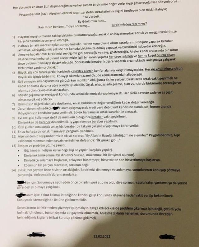 Düğün öncesi yeni evli çiftin imzaladığı sözleşmedeki maddeler çok konuşuldu